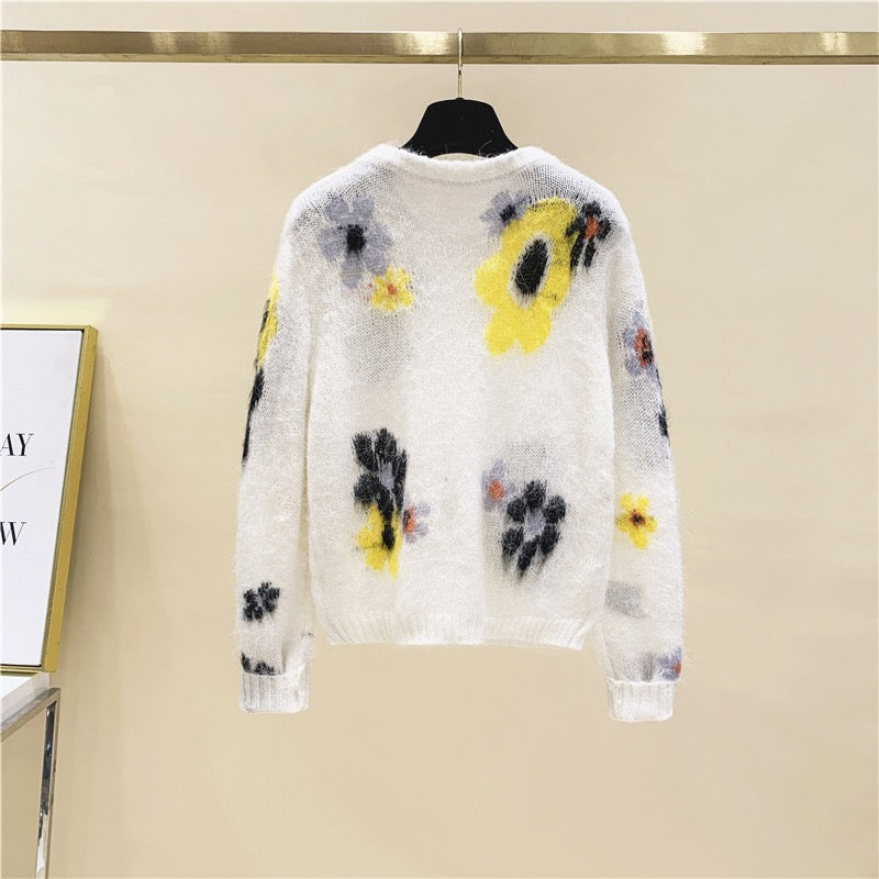 Mohair Flower Jacquard Round Neck Pullover Sweet Sweater Women 2022 Spring and Autumn New Arrivals Loose Outer Wear Knitwear Fashion