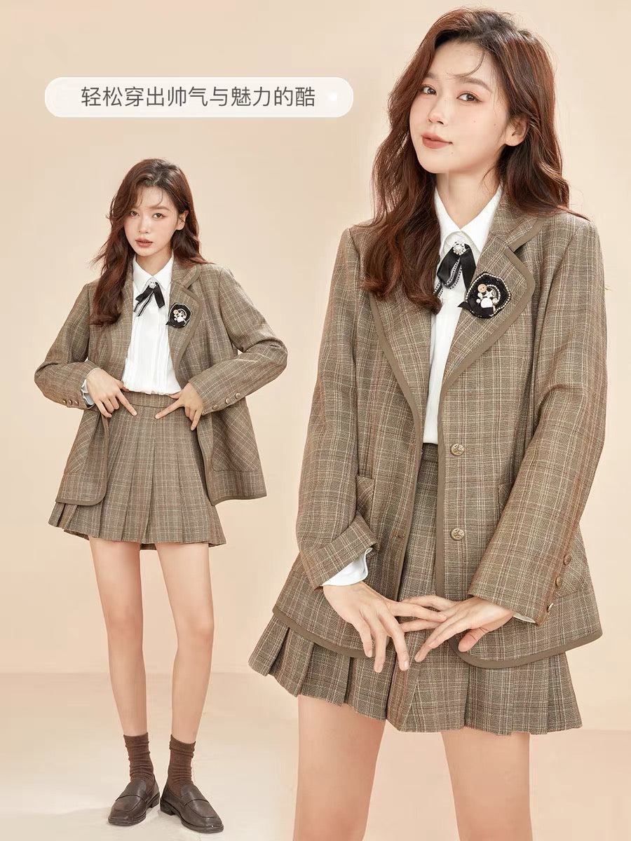 Fantu 2022 autumn new plaid suit jacket skirt JK uniform college style retro commuter suit female