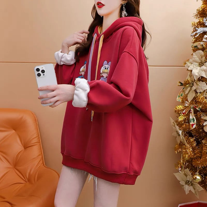 Fleece and thickened hooded sweater women's 2022 new autumn and winter hot style fashion western style age-reducing loose design coat