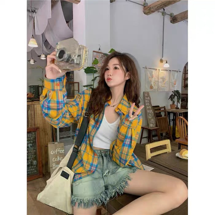 Korean version of the pink plaid long-sleeved sunscreen shirt women's early  autumn new loose and versatile mid-length outerwear chic