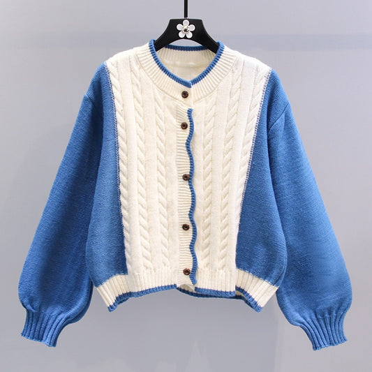 Japanese color matching twist sweater jacket women 2023 early spring new loose outerwear lazy wind soft waxy knitted cardigan