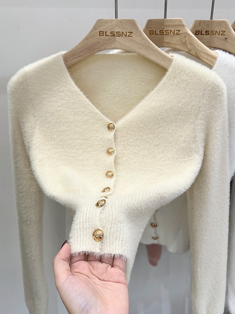 V-neck knitted cardigan women's mink wool sweater autumn and winter 2022 new high-end short top bottoming shirt