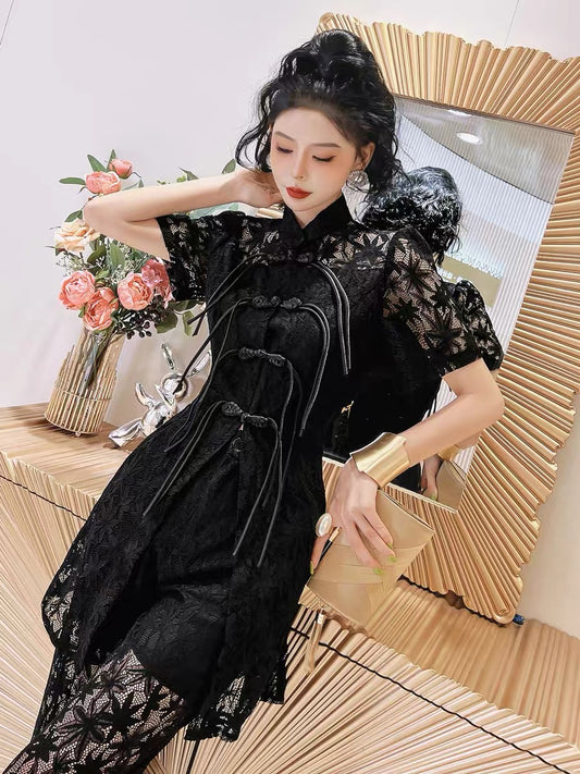 (Pre-Order) Retro Chinese lace cheongsam two-piece women's 2022 summer new straight-leg pants temperament fashion slim suit