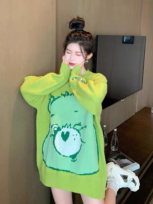 Cartoon bear sweater women's soft waxy gentle style design autumn and winter Korean chic Hong Kong flavor loose pullover sweater