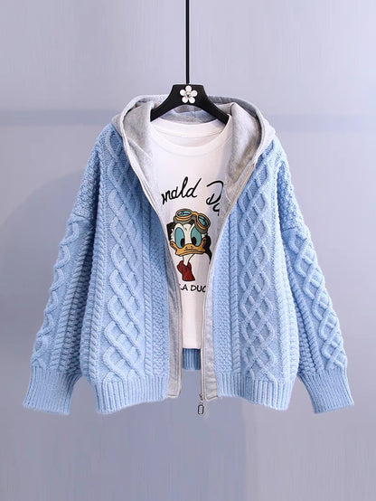 Color-blocking hooded twist sweater jacket women's 2022 autumn new Korean version loose thickening lazy wind knitted cardigan