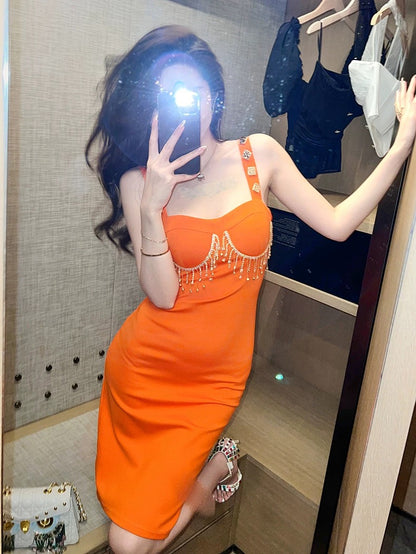 European station suspender dress temperament celebrity style summer sweet niche design tight-fitting hot girl mid-length hip bag