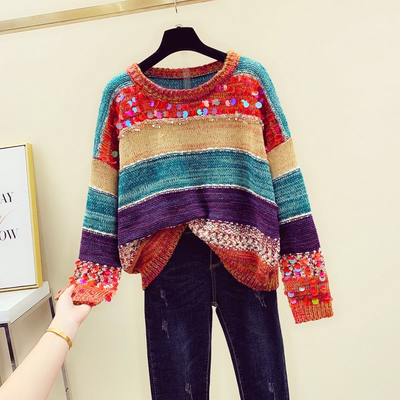 2022 autumn and winter Korean version of heavy industry color matching rainbow stripes sequins beading outerwear loose pullover sweater women's knitted sweater