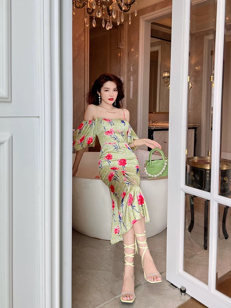 European station one-shoulder puff sleeve fishtail acetate dress summer 2022 new high-end long floral suspender skirt