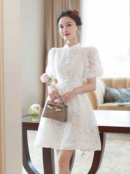 Sweet temperament puff sleeve dress summer girl 2022 new skirt new Chinese style white butterfly waist tutu skirt