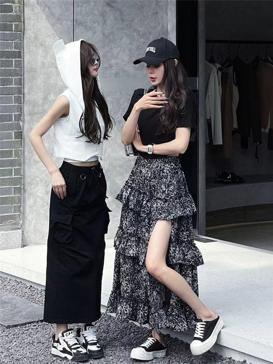 2023 spring and summer fashion all-match slim waist short-sleeved top + high waist slit floral skirt two-piece set