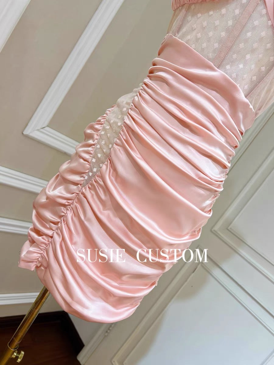 High-definition pure desire zircon rhinestone chain satin knot tube top stitching polka dot mesh pleated hip dress skirt