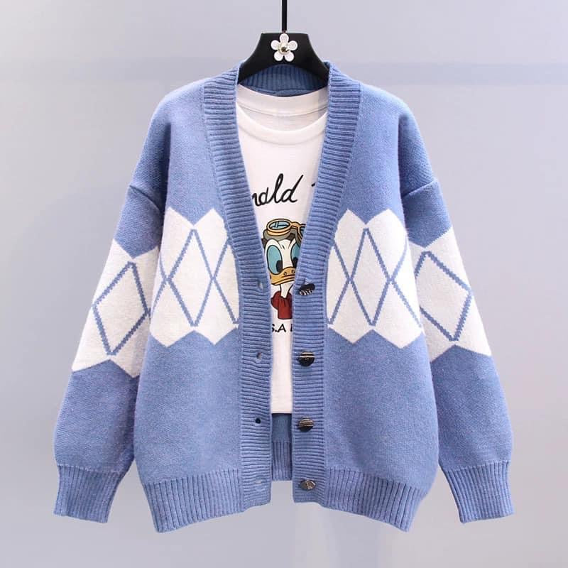 Contrast color rhombus sweater jacket women's autumn and winter 2022 new fashion loose and lazy style design sense knitted cardigan