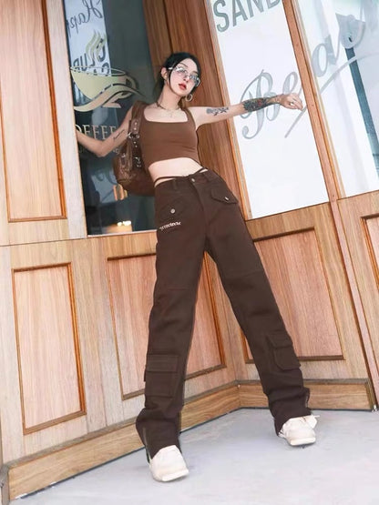 Wild zerocircle overalls women's summer American tide high waist thin loose straight casual brown-green pants