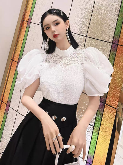 (Pre-Order) White puff sleeve lace shirt women's 2022 summer new French design sense of niche Western style unique unique top