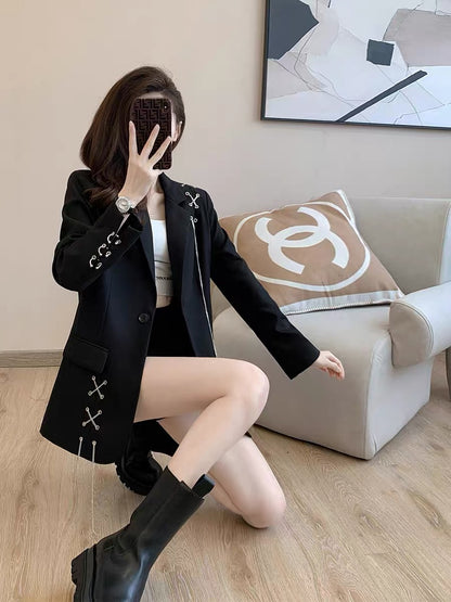 2022 autumn new French retro British style loose and thin high-end design small black suit jacket