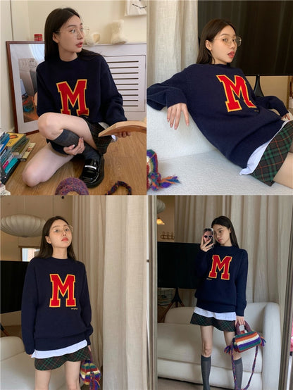 Hong Kong-style retro round neck pullover sweater women's autumn and winter 2022 new loose and lazy style soft waxy long-sleeved knitted top