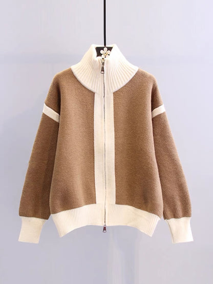 Stand-up collar zipper design sweater jacket women's winter 2022 new loose and lazy style contrast color knitted cardigan