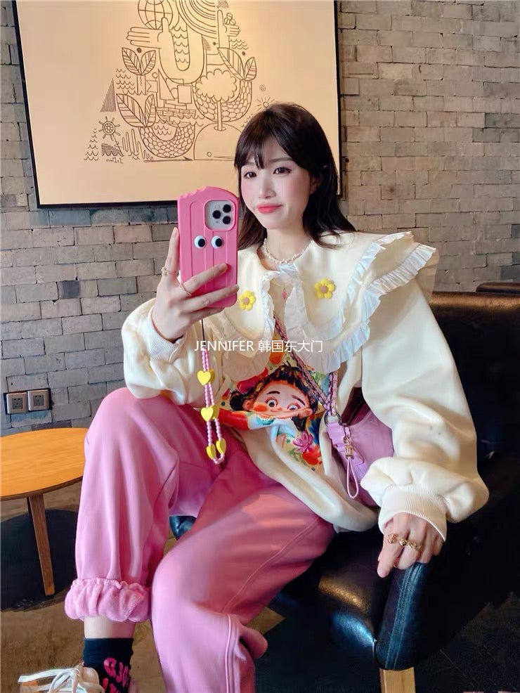 JENNIFER JXLIU Korean winter cute oil painting girl print doll collar lace cream apricot loose sweater