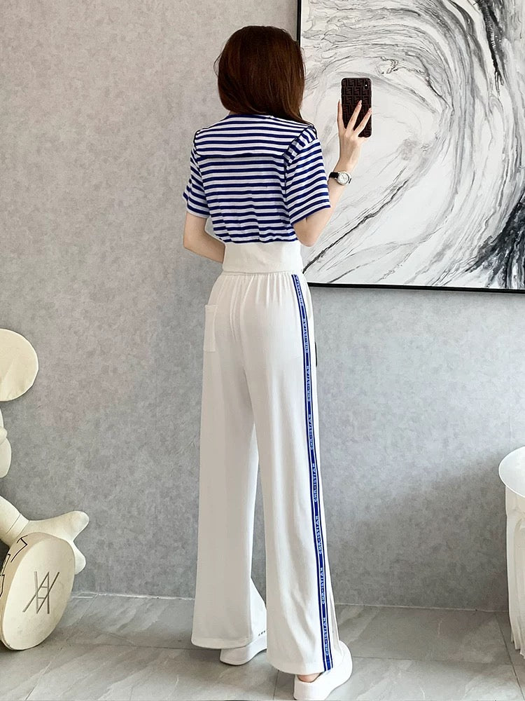 Sports and leisure suit women's summer 2022 new short-sleeved striped waist slimming fashion wide-leg pants temperament two-piece set