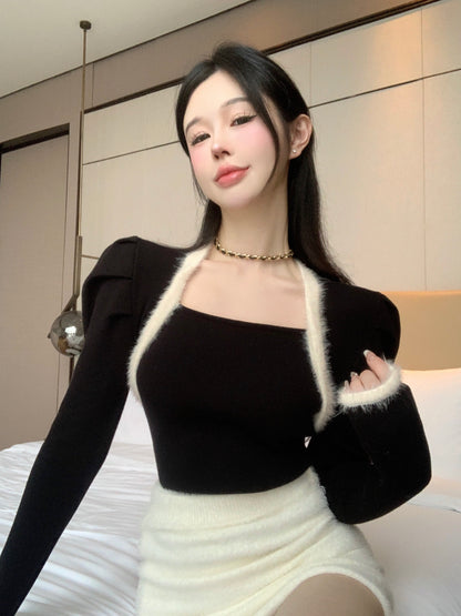 Black retro temperament knitted sweater women's autumn and winter French puff sleeves slim-fit pullover design short sweater top