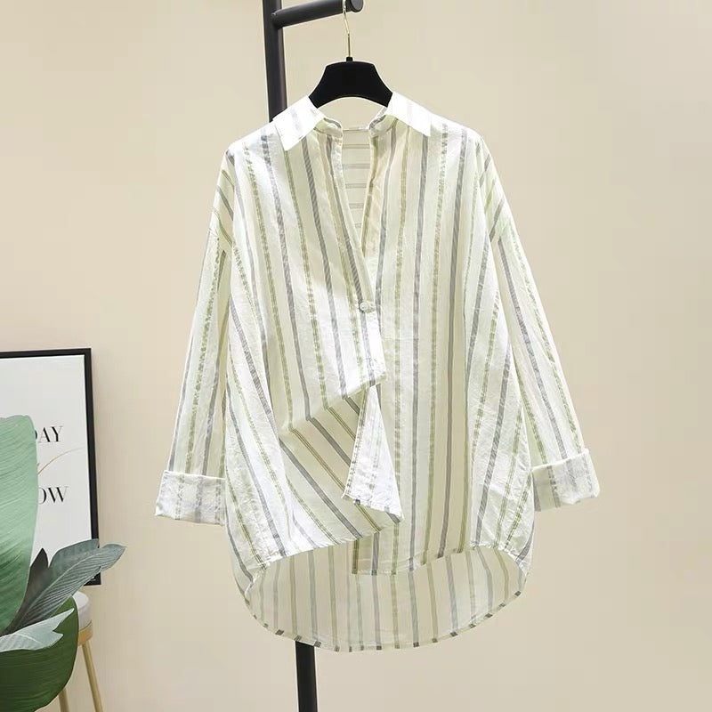 Green vertical striped long-sleeved shirt women's 2022 autumn new Korean style loose casual mid-length shirt top