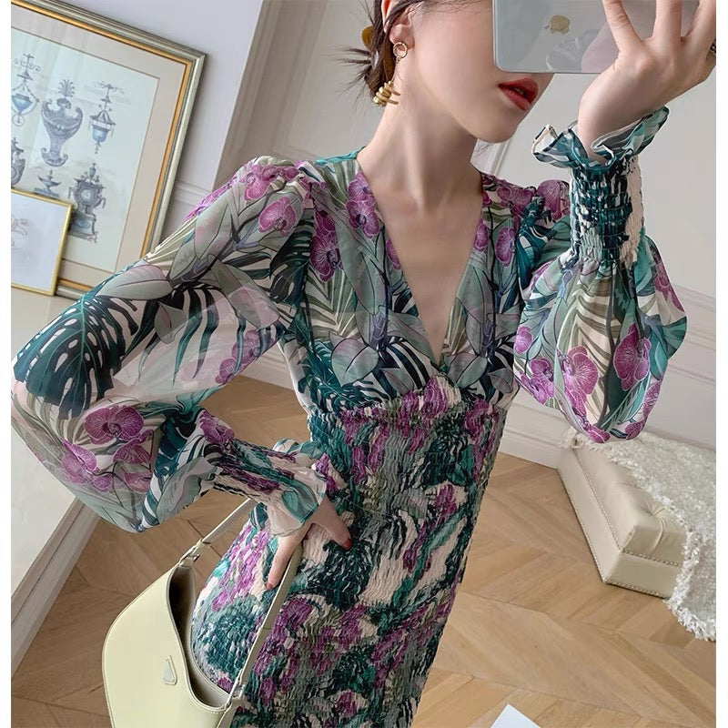 MONA original summer heavy industry super laborious and fine hand-printed cable printing clear color dress women