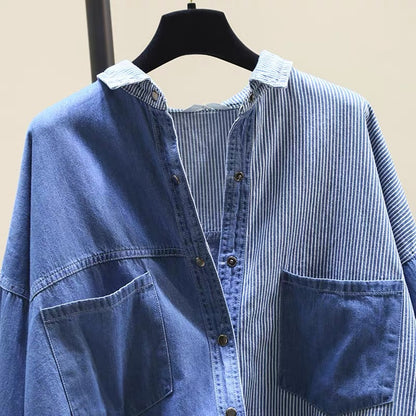 Design sense stitching striped denim shirt women's 2022 spring new French style front short back long top long-sleeved coat