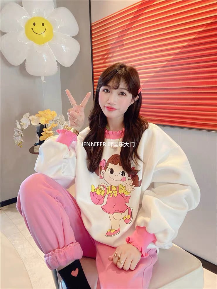 JENNIFER JXLIU Korean winter pink wavy neckline stitching cartoon girl print sweater