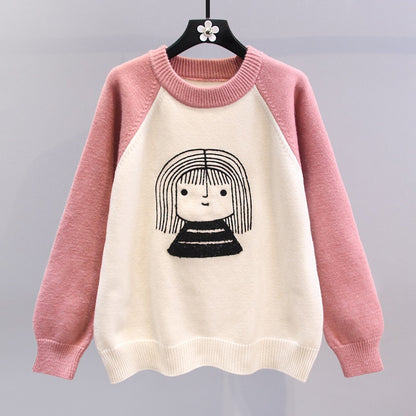 Contrast color cartoon girl pullover sweater female autumn and winter 2023 new Japanese style loose design bottoming knitted top