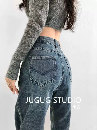 JUGUG retro washed wide-leg jeans women's loose straight trousers show thin and droopy daddy mopping trousers