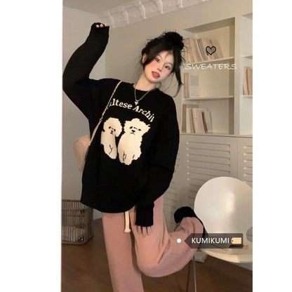 Cartoon puppy black sweater women's spring new lazy style pullover round neck long-sleeved sweater bottoming top tide