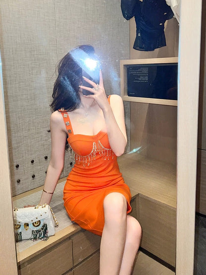 European station suspender dress temperament celebrity style summer sweet niche design tight-fitting hot girl mid-length hip bag