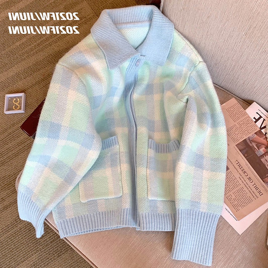 Japanese soft waxy plaid sweater jacket women's 2021 autumn and winter new design sense Korean style gentle style knitted cardigan