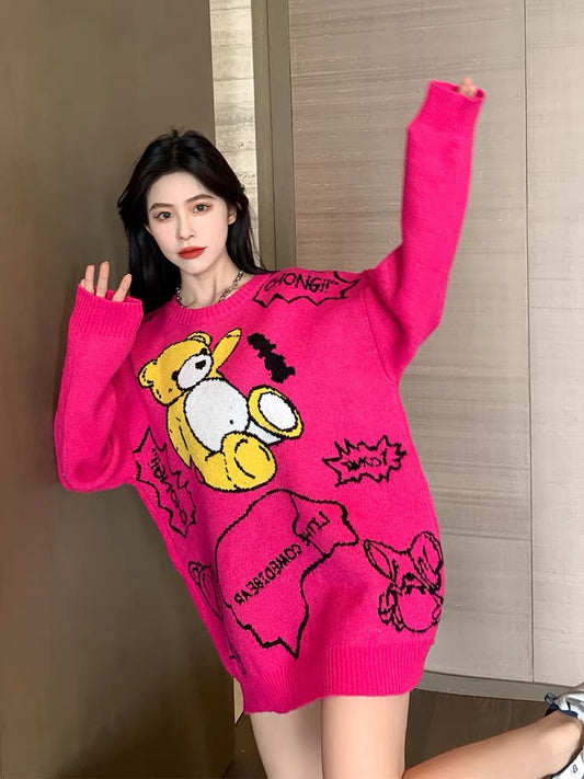 Pink Bear Cartoon Sweater Women's Loose Outer Wear All-match Bottom Knit Sweater Lazy Wind Autumn and Winter Top Mid-Length