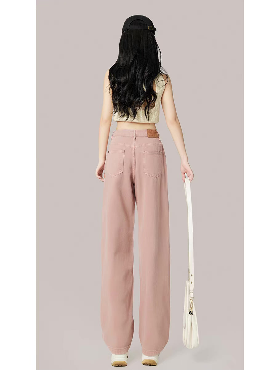 Pink wide-leg jeans women's fall 2022 new high-waisted loose straight-leg drapey slim mopping pants trousers