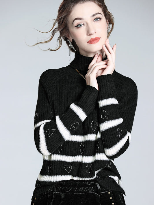 Cashmere sweater women's 2022 autumn and winter new Korean style contrast color striped wool sweater with hot diamond high collar bottoming shirt