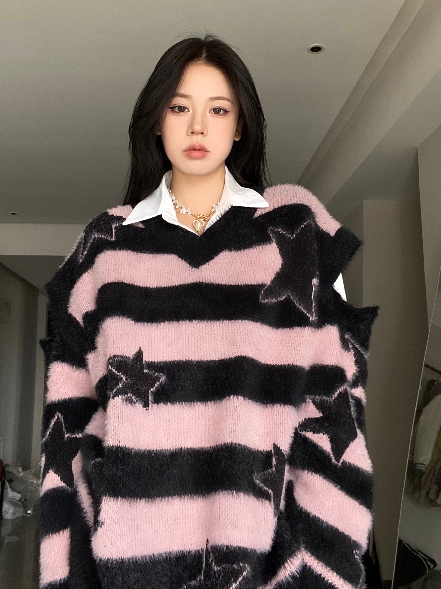 BabyStudios three ways to wear autumn and winter star stripe design imitation mink wool sweater detachable top women