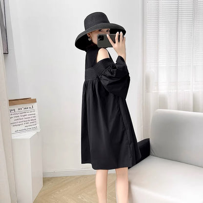 2022 new women's summer solid color fashion design sense mid-length dress women's loose and thin drop-shoulder little black dress