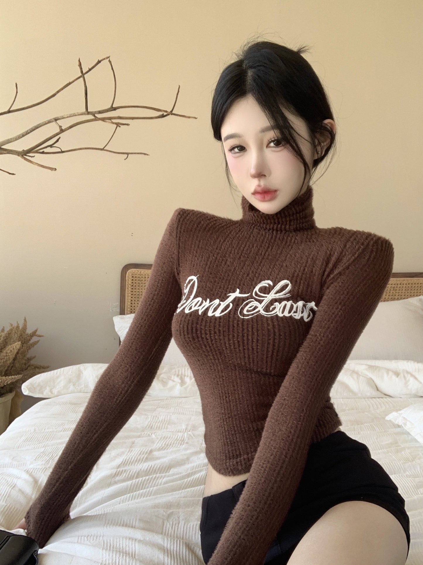 Spice Girls High Collar Long Sleeve Knitted Bottom Shirt Female Autumn Alphabet Slim Fit Sexy Slim Short Inner Top