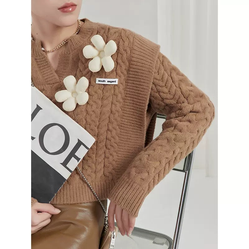 LLL LAB/French Salt Top Brown Three-dimensional Flower Design Short Sweater Oversize Lazy Wind 1644