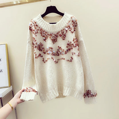 Heavy Industry Sequined Sweater 2021 Autumn and Winter New Products Korean Style Lazy Wind Outerwear Loose Pullover Knitwear Women's Top Trend