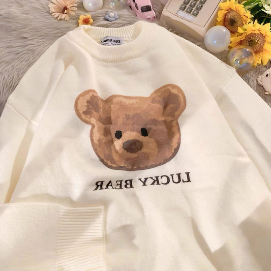 Japanese soft waxy gentle bear white sweater autumn and winter 2021 new age-reducing western style lazy loose sweater