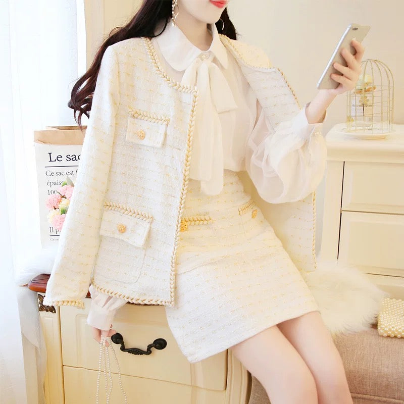 Xiaoxiangfeng suit female 2022 autumn new fashion ladies tweed coat short skirt shirt Western style three-piece suit