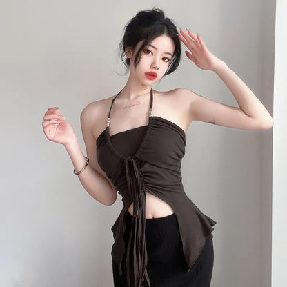 DARLINGAGA design sense stitching folded straps hanging neck small sling women's short irregular waist vest trend