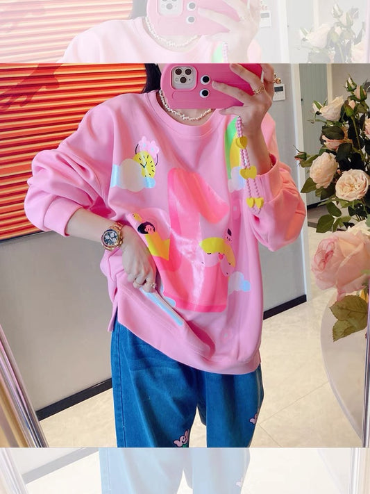 JENNIFER JXLIU Korean autumn and winter sweet dollar girl pink rainbow loose and thin slit sweater