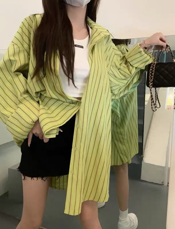 Kumikumi mid-length striped shirt jacket women's summer loose casual l – Lee  Nhi Boutique