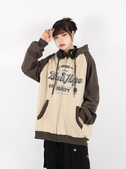 BIGGOLD American retro hooded sweater women's raglan sleeves autumn and winter oversize cardigan jacket trendy brand ins