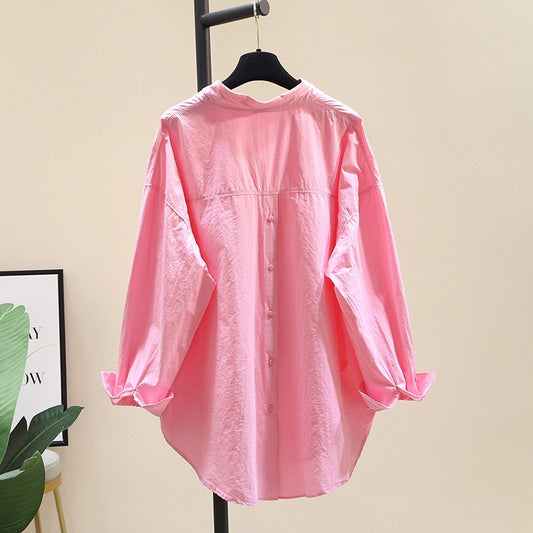 Rose red shirt women's 2023 spring new Korean version loose solid color casual mid-length long-sleeved shirt for outerwear