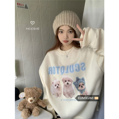 Kumikumi round neck long-sleeved lazy pullover plus fleece sweater women's autumn loose all-match dog print top