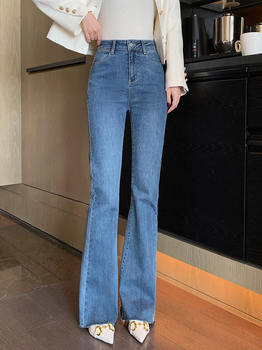 Mrs. Island song dark blue high waist thin straight tube flared jeans women's spring trousers with a sense of niche design